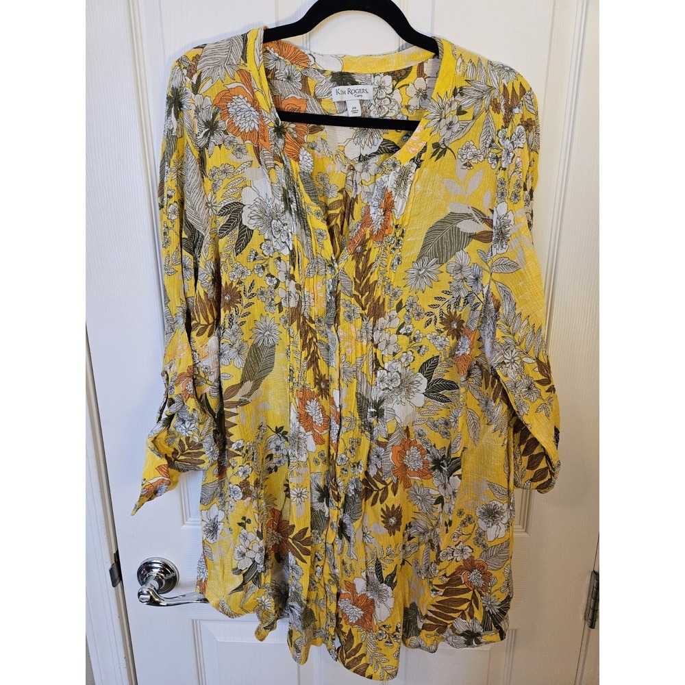 Kim Rogers Curvy Yellow Floral Button-Down Roll-Tab Sleeves V-Neck Top, Plus 2X